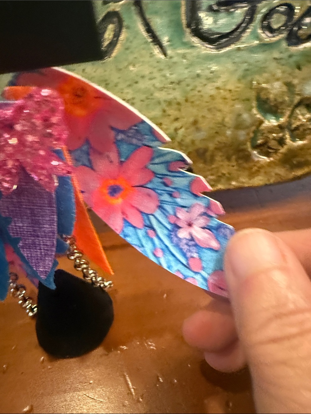 Pink Bow Multicolor Feather Drop Earrings - Picture 3 of 4